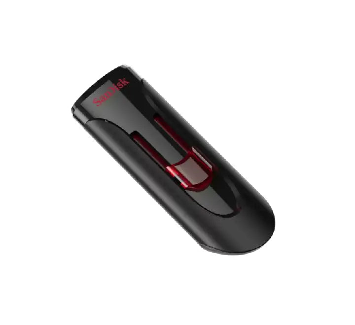 Close-up shot of the SanDisk Cruzer Glide 128GB flash drive with its blue-pinned USB 3.0 connector pushed outward and locked.