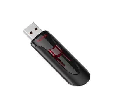 SanDisk Cruzer Glide 64GB USB 3.0 flash drive showing the black plastic casing and signature red retractable thumb slide.