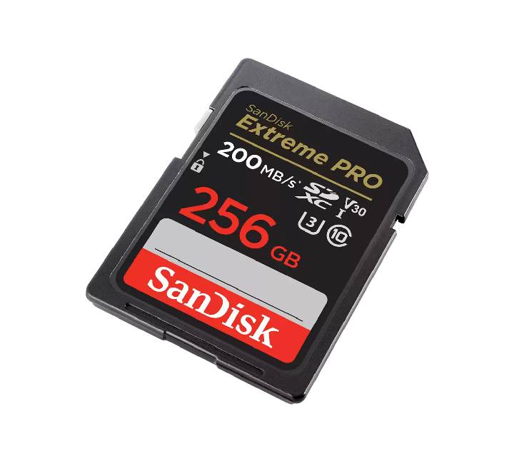 SanDisk Extreme PRO 256GB SD card retail packaging showing 200MB/s speed specs