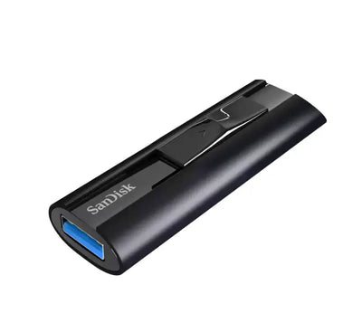 Close-up view of the retractable USB Type-A connector sliding out of the premium metal SanDisk Extreme PRO 512GB flash drive.