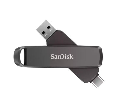SanDisk Extreme PRO Dual Drive Luxe 256GB USB Type-C and Type-A flash drive shown in its sleek metal swivel casing.