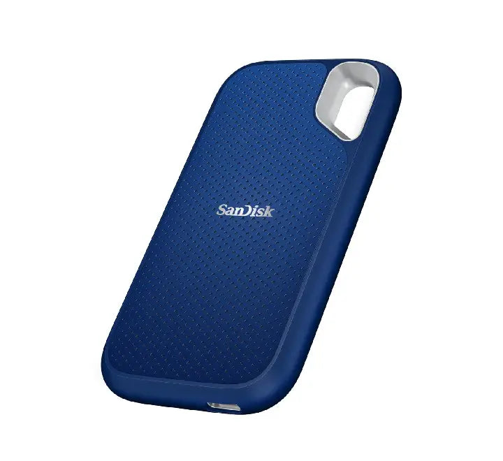 Side view showing carabiner loop and IP55 water-resistant casing of SanDisk Extreme SSD.