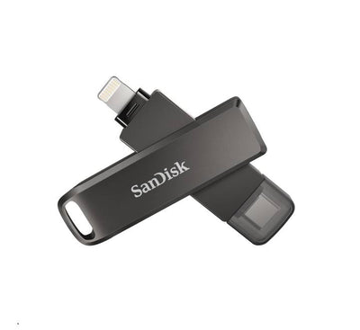 SanDisk iXpand Flash Drive Luxe 64GB showing dual Lightning and USB Type-C connectors