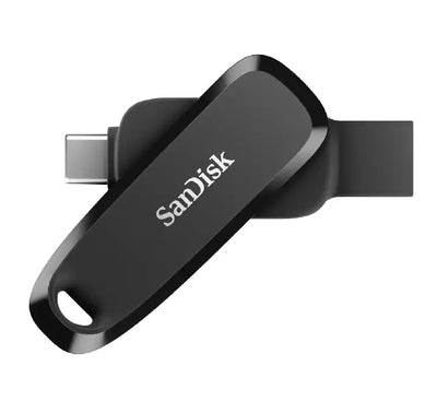 SanDisk Phone Drive for Android 128GB highlighting its dual USB Type-C and Type-A connectors with a sleek black swivel design.