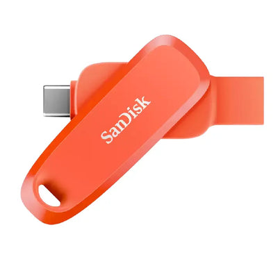 SanDisk Phone Drive for Android 256GB in Nasturtium Orange highlighting its dual USB Type-C and Type-A connectors with a swivel design.