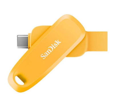 SanDisk Phone Drive for Android 256GB in Yellow highlighting its dual USB Type-C and Type-A connectors with a swivel design.