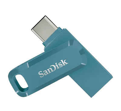 Official retail packaging for the SanDisk 64GB Ultra Dual Drive Go USB Type-C Blue edition, displaying part number SDDDC3-064G-G46NBB.