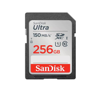 SanDisk Ultra 256GB SDXC UHS-I memory card isolated layout displaying the classic grey and red label branding with the 150MBs speed stamp.