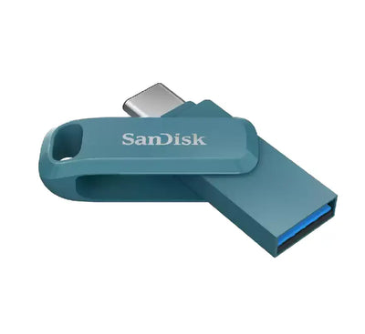SanDisk Ultra Dual Drive Go 128GB featuring the swivel design with both USB Type-C and USB Type-A connectors visible.