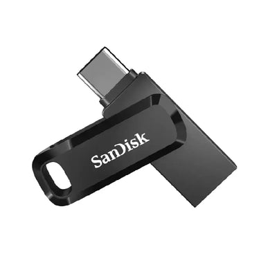 SanDisk Ultra Dual Drive Go 256GB flash drive featuring dual USB Type-C and Type-A connectors with a protective swivel cap.