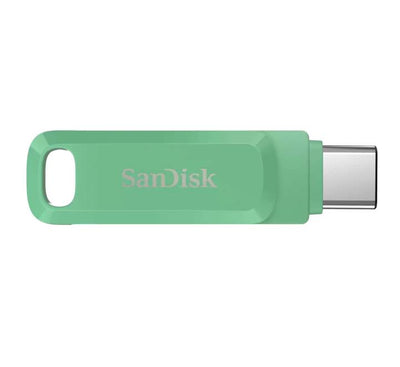 SanDisk Ultra Dual Drive Go 256GB USB Type-C flash drive in black, highlighting the swivel mechanism and dual Type-C and Type-A connectors.