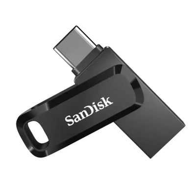 SanDisk Ultra Dual Drive Go 32GB in black, showcasing its swivel design and dual USB Type-C and USB Type-A connectors.