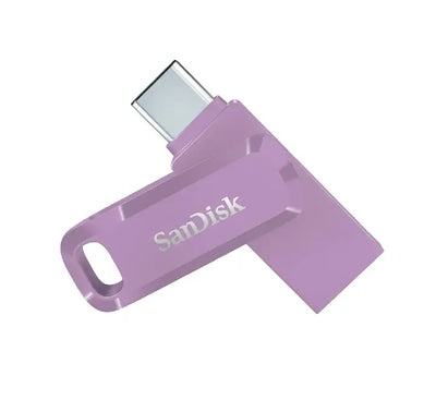 The SanDisk Ultra Dual Drive Go flash drive attached to a keychain using its integrated keyring hole, highlighting its portable design.