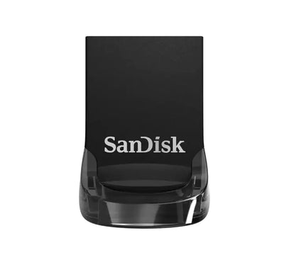 SanDisk Ultra Fit 256GB USB 3.1 flash drive shown from a top-down view highlighting its ultra-compact, low-profile black design.