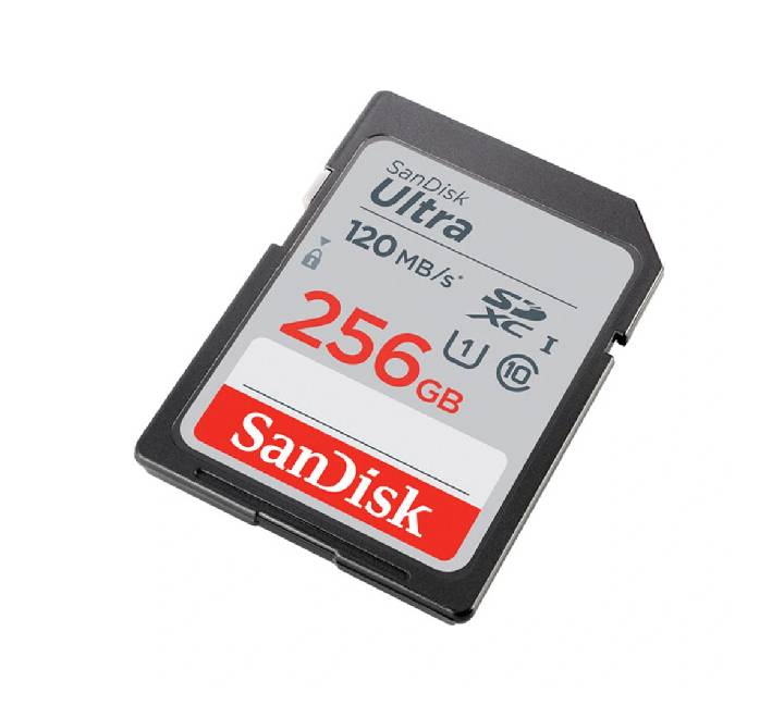 Front view of the official retail paper packaging card for the SanDisk Ultra 256GB memory card highlighting its Full HD and camera compatibility.