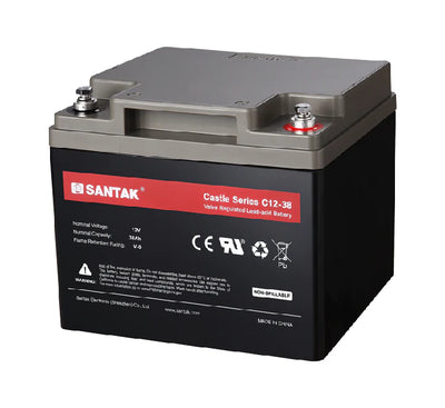 Front view of the Santak C12-38 12V 38Ah rechargeable sealed lead acid battery.