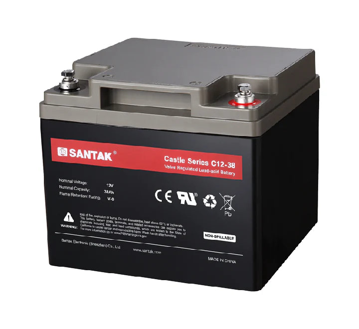 Front view of the Santak C12-38 12V 38Ah rechargeable sealed lead acid battery.
