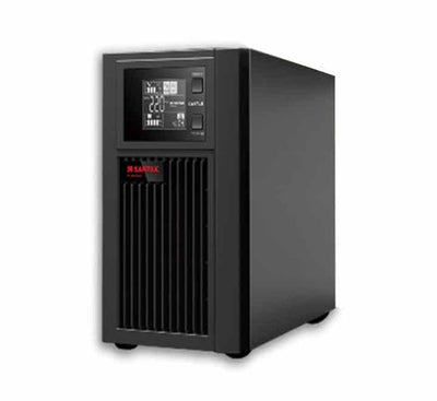 Front view of the Santak Castle 2K Online UPS C2K UNI tower system highlighting the front digital diagnostics LCD screen.