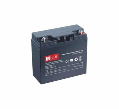 Front perspective view of the Santak Castle C12-18Ah 12V 18Ah VRLA sealed lead acid UPS backup battery displaying original serial markings.