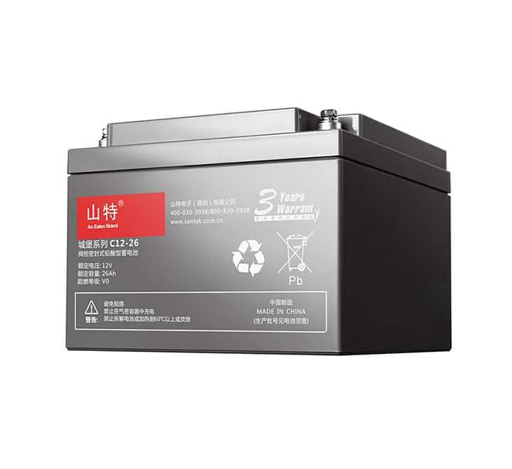 Front perspective view of the Santak Castle C12-26Ah 12V 26Ah VRLA sealed lead acid UPS backup battery displaying original series identifiers.