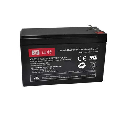 Front view of the Santak Castle C12-9AH 12V 9Ah rechargeable sealed lead acid battery.