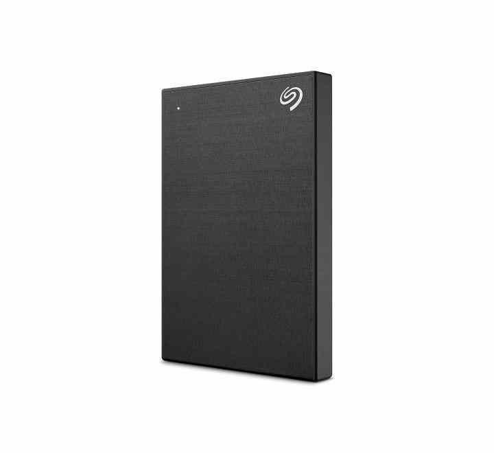 Seagate One Touch 1TB External Hard Drive in Black front profile view showing its textured metal enclosure.