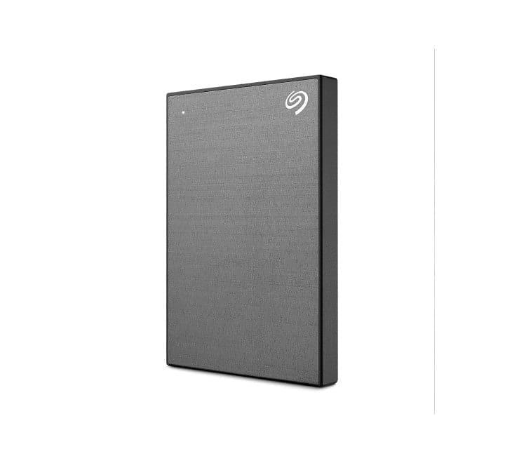 Seagate One Touch 1TB External Hard Drive in Space Gray front view showcasing its metal enclosure.
