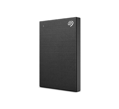 Seagate One Touch 2TB external hard drive in black showcasing its brushed metal top enclosure.