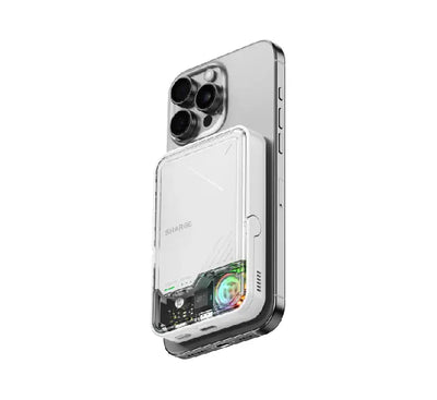 Front view of the SHARGE IceMag 2 transparent magnetic power bank showcasing its internal circuitry and dynamic RGB lights.