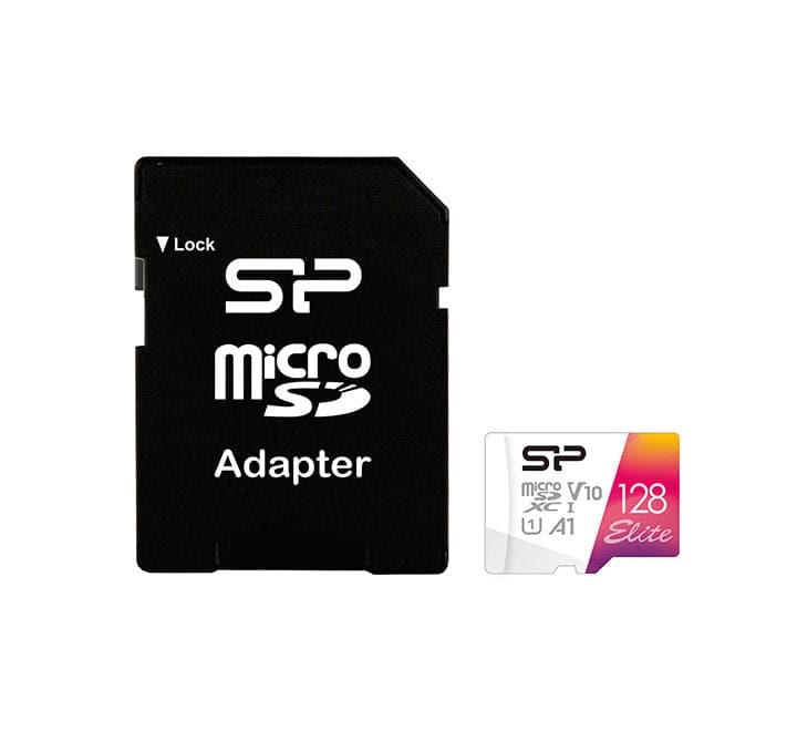 Silicon Power 128GB Elite microSDXC memory card with SD adapter package.