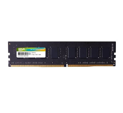 Full view of the Silicon Power 16GB DDR4 3200MHz desktop PC memory module (UDIMM) showing the circuit board layout and technical specifications sticker.