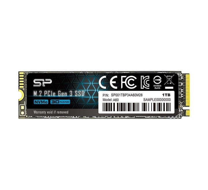 Silicon Power 1TB A60 M.2 PCIe Gen3x4 NVMe Internal SSD front view showing memory chips and label