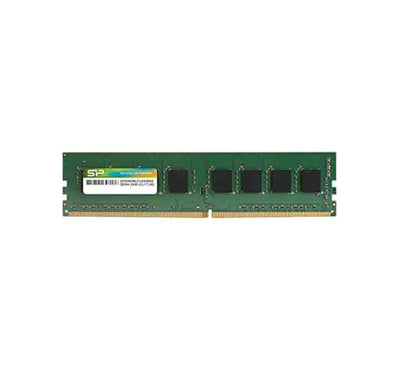 Full profile view of the Silicon Power 4GB DDR4 2400MHz desktop PC memory module (UDIMM) showing the dark green circuit board layout and technical specifications sticker.