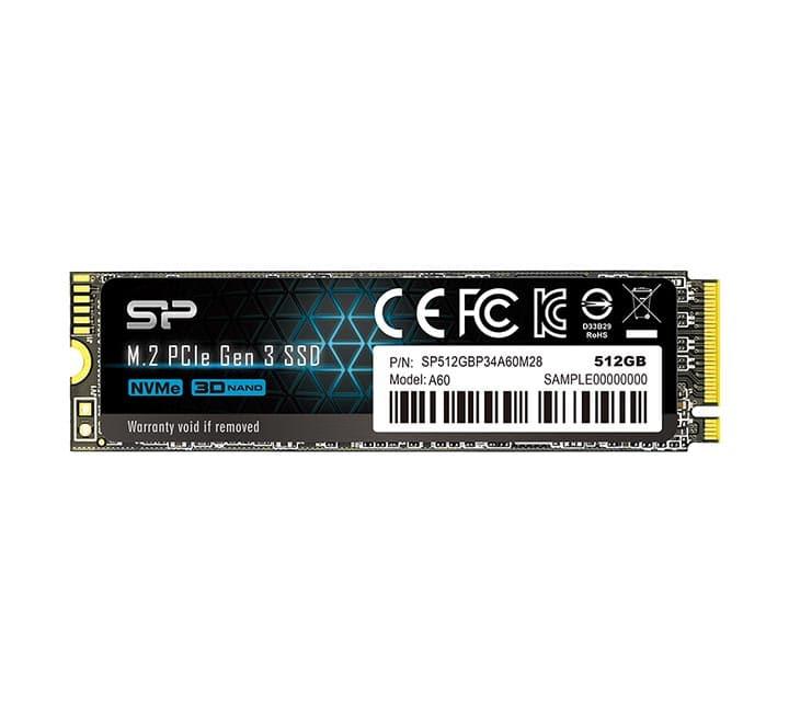 Silicon Power 512GB A60 M.2 PCIe Gen3x4 NVMe Internal SSD front view showing PCB and memory modules