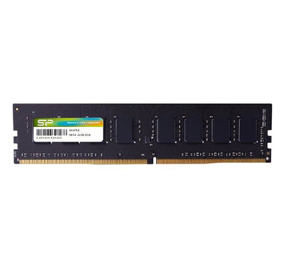 Full profile view of the Silicon Power 8GB DDR4 2400MHz desktop PC memory module (UDIMM) showing the dark green circuit board layout and technical specifications sticker.