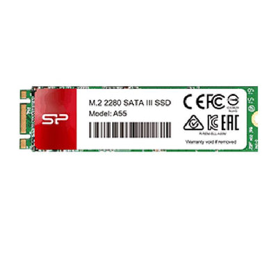 Silicon Power A55 M.2 2280 SATA III internal solid state drive showcasing the product label, chips, and connector pin configuration.