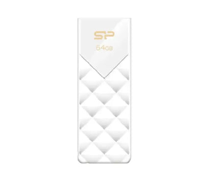 Front view of Silicon Power Blaze B03 64GB USB 3.2 Flash Drive in White with diamond-cut pattern.