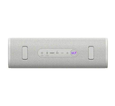 Close-up shot of the physical ULT power sound button on top of the Sony SRS-ULT30 portable speaker for instant heavy bass boosting.