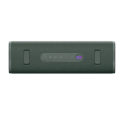 Close-up shot of the physical ULT power sound button on top of the Sony SRS-ULT30 portable speaker for instant heavy bass boosting.