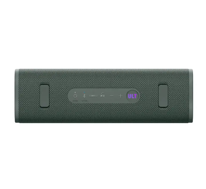 Close-up shot of the physical ULT power sound button on top of the Sony SRS-ULT30 portable speaker for instant heavy bass boosting.