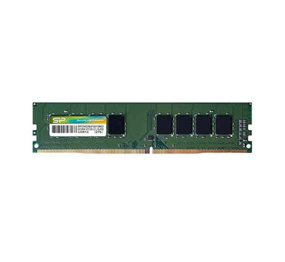 Close-up view of the Silicon Power 16GB DDR4 2666MHz desktop memory stick seated securely inside a standard computer motherboard DIMM slot.