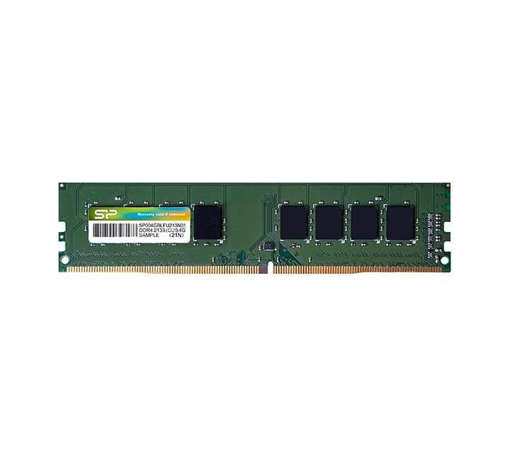 Close-up view of the Silicon Power 16GB DDR4 2666MHz desktop memory stick seated securely inside a standard computer motherboard DIMM slot.