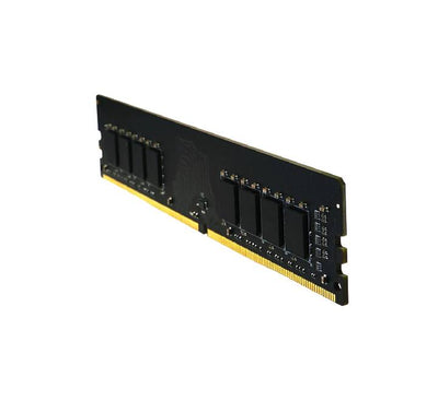 Close-up view of a single Silicon Power 8GB DDR4 3200MHz desktop memory stick being installed into a standard computer motherboard RAM socket.
