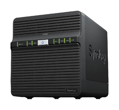 Synology DiskStation DS423 4-bay NAS enclosure front view showing drive slots and indicator lights