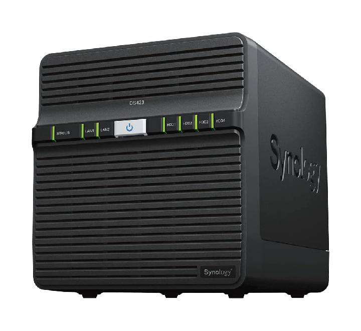 Synology DiskStation DS423 4-bay NAS enclosure front view showing drive slots and indicator lights