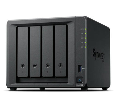 Synology DiskStation DS425+ 4-bay NAS enclosure front view showing drive trays and indicator lights