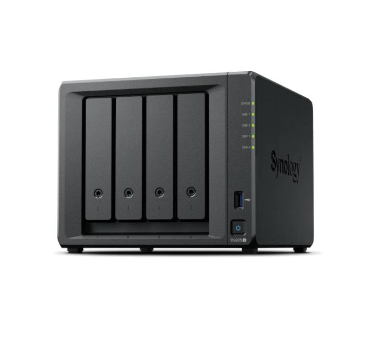 Front view of the Synology DiskStation DS925+ 4-bay NAS enclosure displaying its drive bays and status indicators.