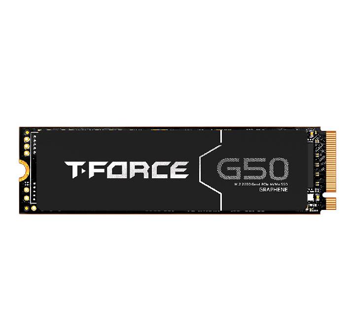 Angled view of the T-FORCE G50 2TB M.2 PCIe 4.0 NVMe gaming SSD featuring the gold and black patented graphene cooling label.