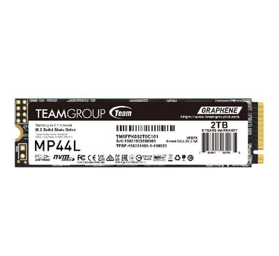 Top profile view of the TEAMGROUP MP44L 2TB M.2 PCIe 4.0 NVMe SSD showing the ultra-thin patented graphene thermal label overlay.