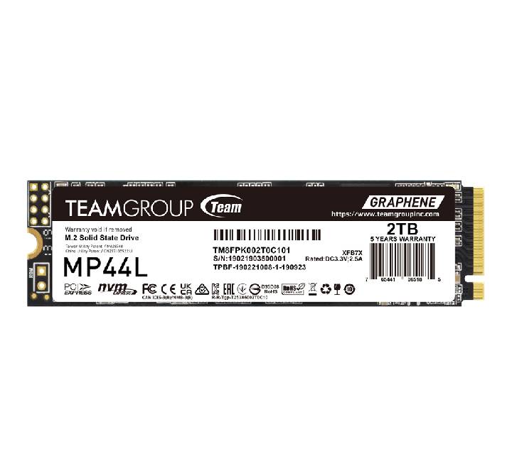 Top profile view of the TEAMGROUP MP44L 2TB M.2 PCIe 4.0 NVMe SSD showing the ultra-thin patented graphene thermal label overlay.